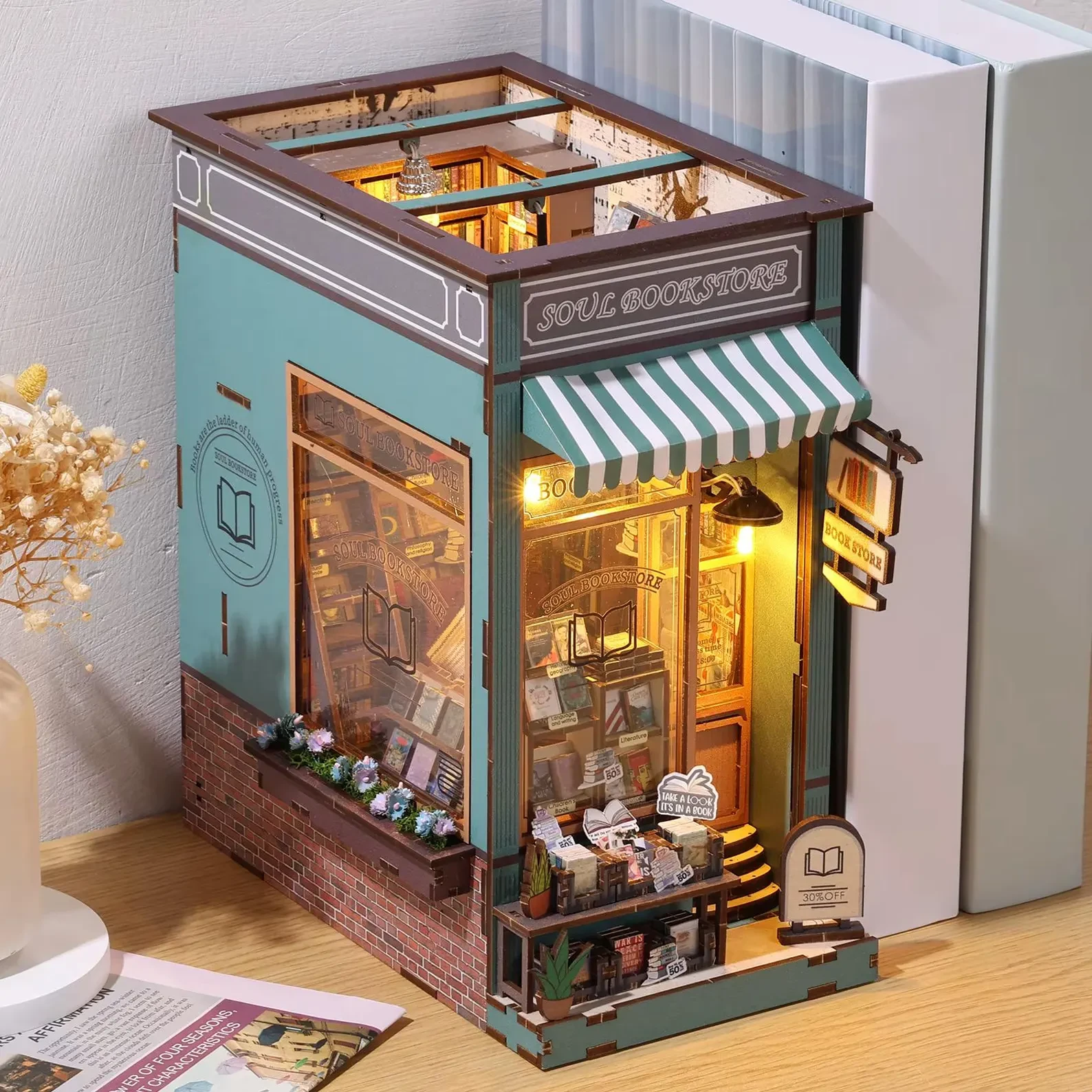 Enchanted Soul Bookstore Book Nook Kit, DIY Miniature Bookshelf Insert with LED
